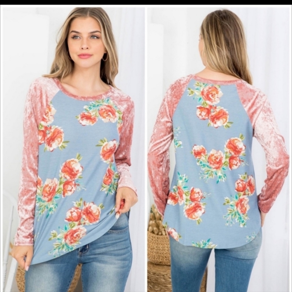 New velvet floral baseball t-shirt